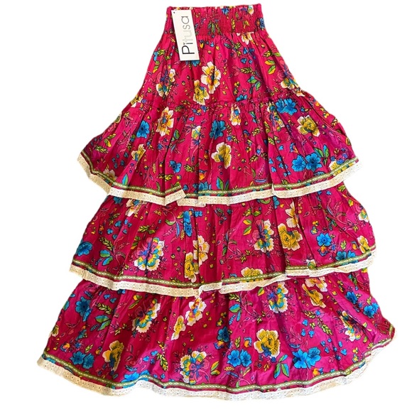 NWT Pitusa Layered Boho Skirt Size Large in Fuchsia Floral Print - Picture 5 of 7